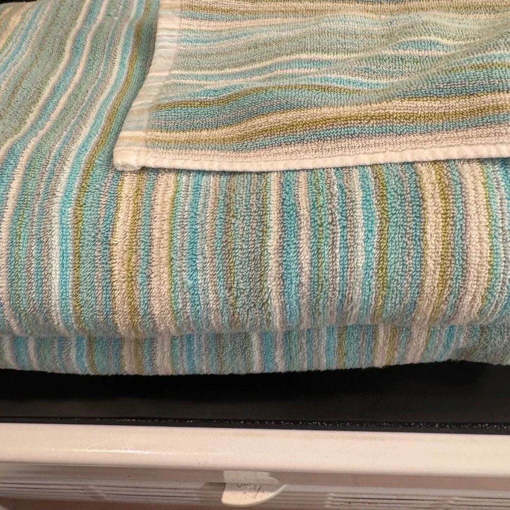 Soho Living Bath Towel Set 9 Piece Blue Green Striped 100% Cotton Coastal